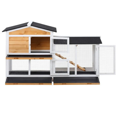 Rabbit Hutch Guinea Pig Hutch Wooden House with Run,2 Tier Pet Cage Outdoor with No-leak Plastic Trays,Yellow