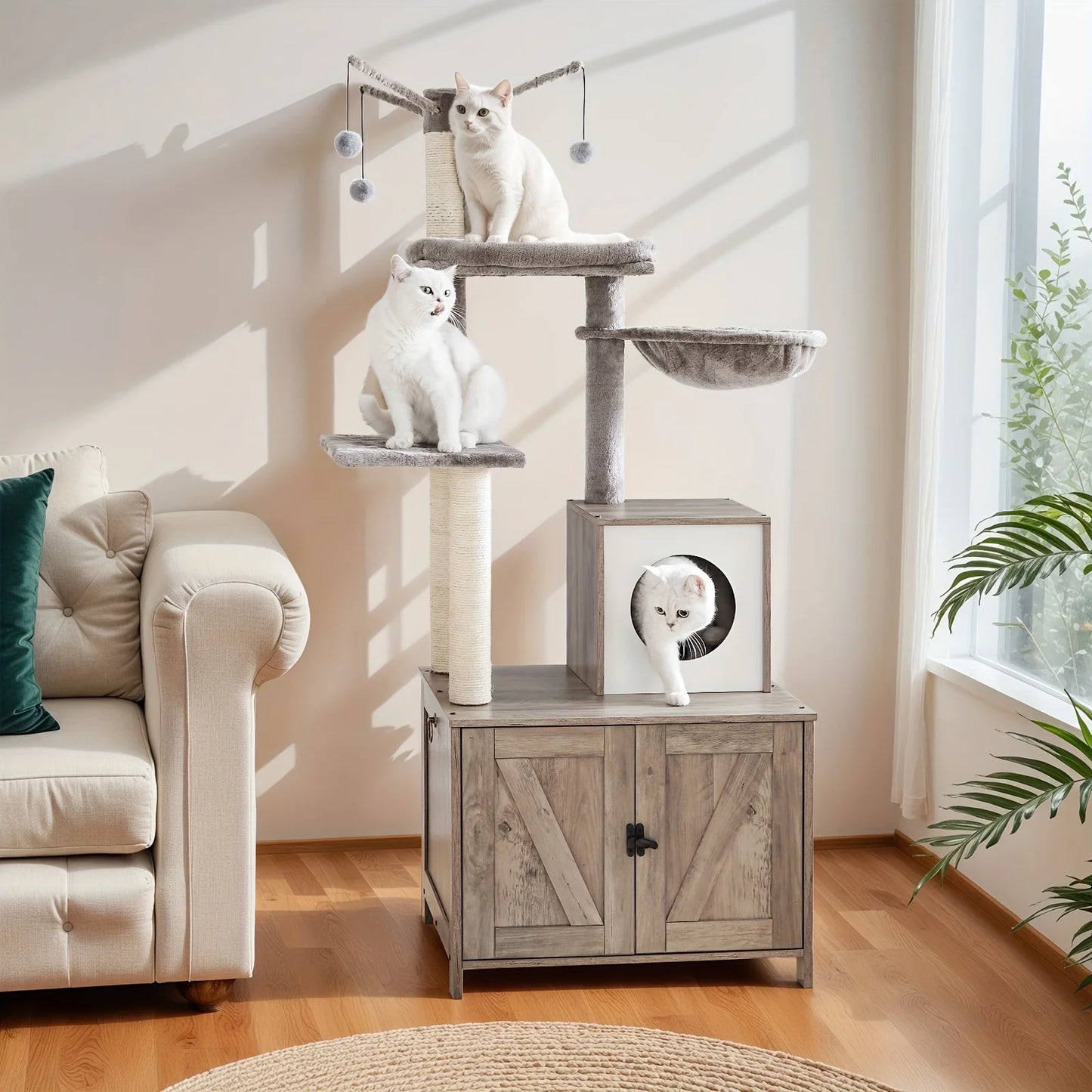 Cat Tree with Litter Box Enclosure, Hidden Pet Washroom Furniture with Sisal Scratching Post, Hammocks, Condo, Multi-Level Platform, Soft Plush Perch, Gray