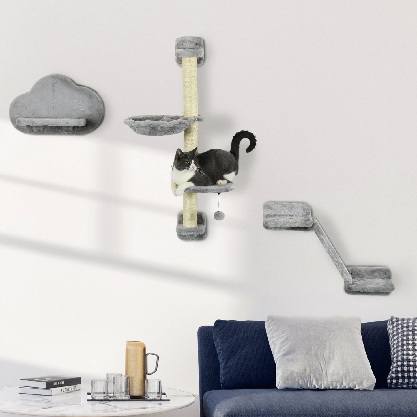 Pawhut 3-Piece Cat Climbing Wall Set with Hammock Ramp with Scratching Post Cloud-Shaped Platform Gray