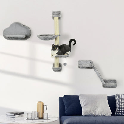 Pawhut 3-Piece Cat Climbing Wall Set with Hammock Ramp with Scratching Post Cloud-Shaped Platform Gray