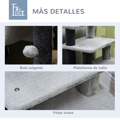 Pawhut Pawhut 4-Step Cat Stairs Adjustable Pet Step with Cave and Hanging Ball 60X40X66 cm Gray