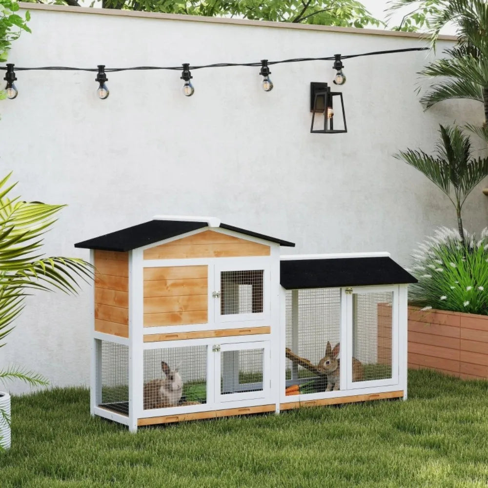 Rabbit Hutch Guinea Pig Hutch Wooden House with Run,2 Tier Pet Cage Outdoor with No-leak Plastic Trays,Yellow