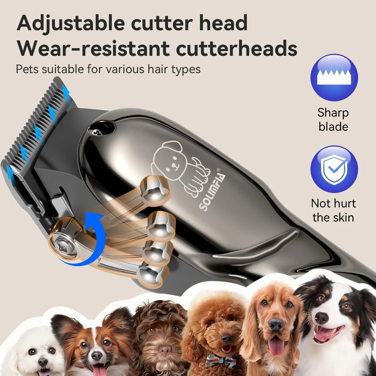 Solimpia Pet Grooming Clipper for Dogs Cats 6500RPM Heavy-Duty Motor USB Rechargeable 180Mins Runtime Low Noise