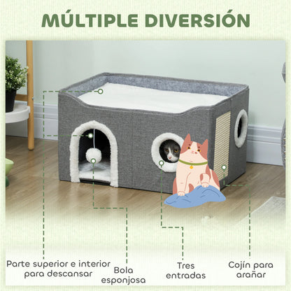 Pawhut Foldable Cat House with Scratching Post 3 Entrances Hanging Ball Reversible Cushion in Plush and Linen Type 60X40X34 cm Gray