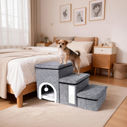 Foldable Cats Dogs Stairs with 3 Wider Steps Pet Stairs for Storage Climbing Resting and Playing