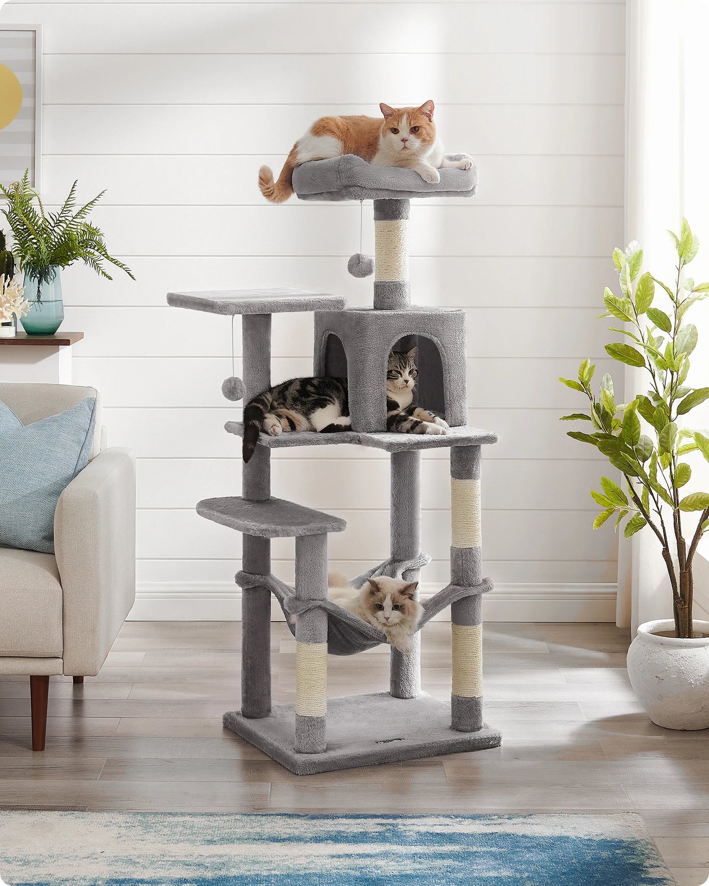 Feandrea scratching post, 143 cm high, cat tree, multi-storey cat house, with 4 scratching pillars, 2 platforms, hammock, Cave