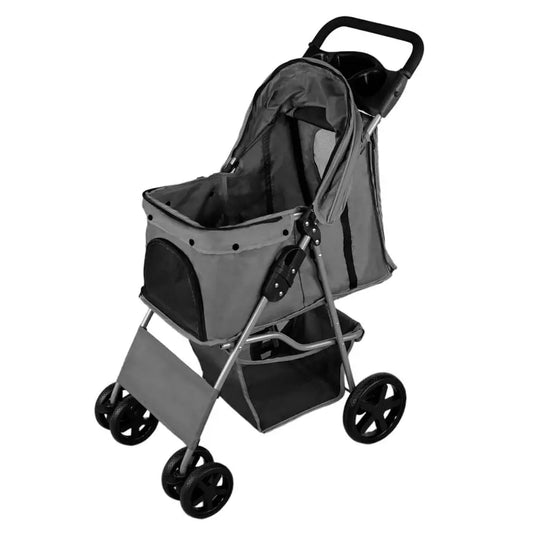 Stroller Pushchair Grey Carrier Foldable Trolley Travel Cart 15kg Capacity 4 Wheels Brakes Cat Dog Safety Snap Hook Leash Cushi