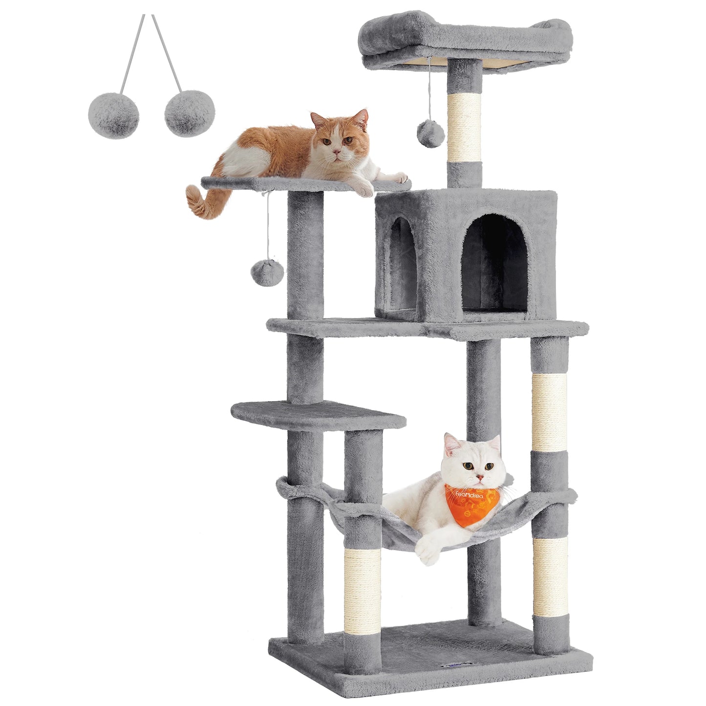 Feandrea scratching post, 143 cm high, cat tree, multi-storey cat house, with 4 scratching pillars, 2 platforms, hammock, Cave