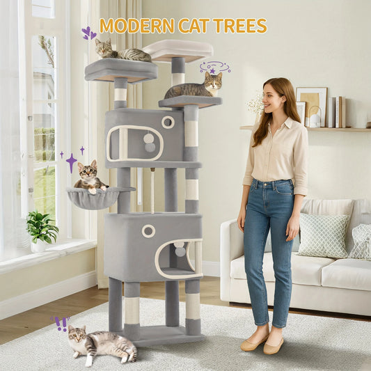 HZUANERI 180cm Multi-Level Cat Tree with 8 Scratching Posts, 3 Platforms, 2 Dens, Basket & Plush Balls - Durable Sisal Rope for Indoor Cats of All Sizes, Space-Saving Design for Climbing, Resting & Play, Cat Climbing Tower, Pet Activity Center, Modern Pet