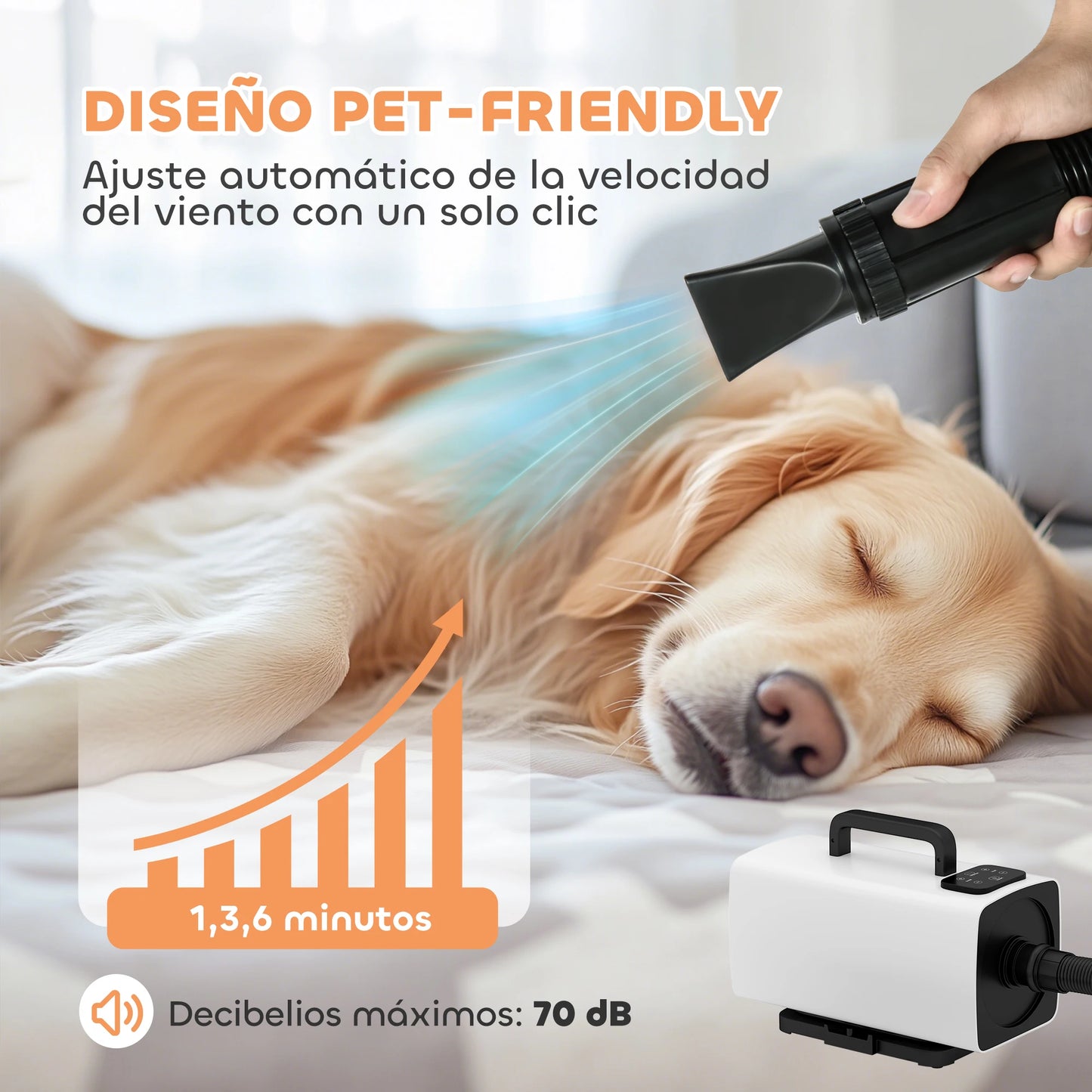 Pawhut 2200W Dog Dryer with Digital Display Adjustable Speed And Temperature 3 Nozzles White