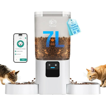 Dual Automatic Cat Feeder WiFi 7L Slow Feeding Pet Food Dispenser with App Control Alexa Compatible for Multiple Pets Detachable
