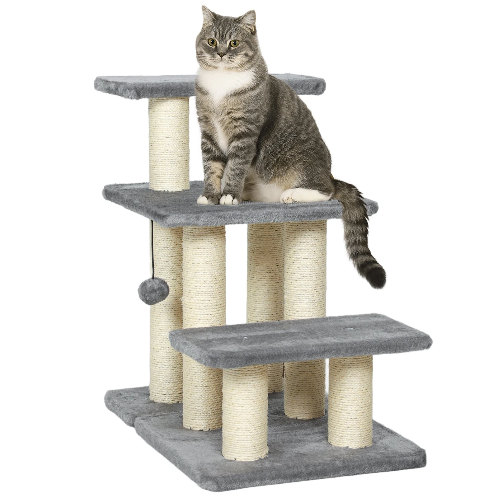 3-Step Adjustable Cat Stairs - Scratching Posts & Hanging Ball - 10kg Capacity - Gray Pet Tower