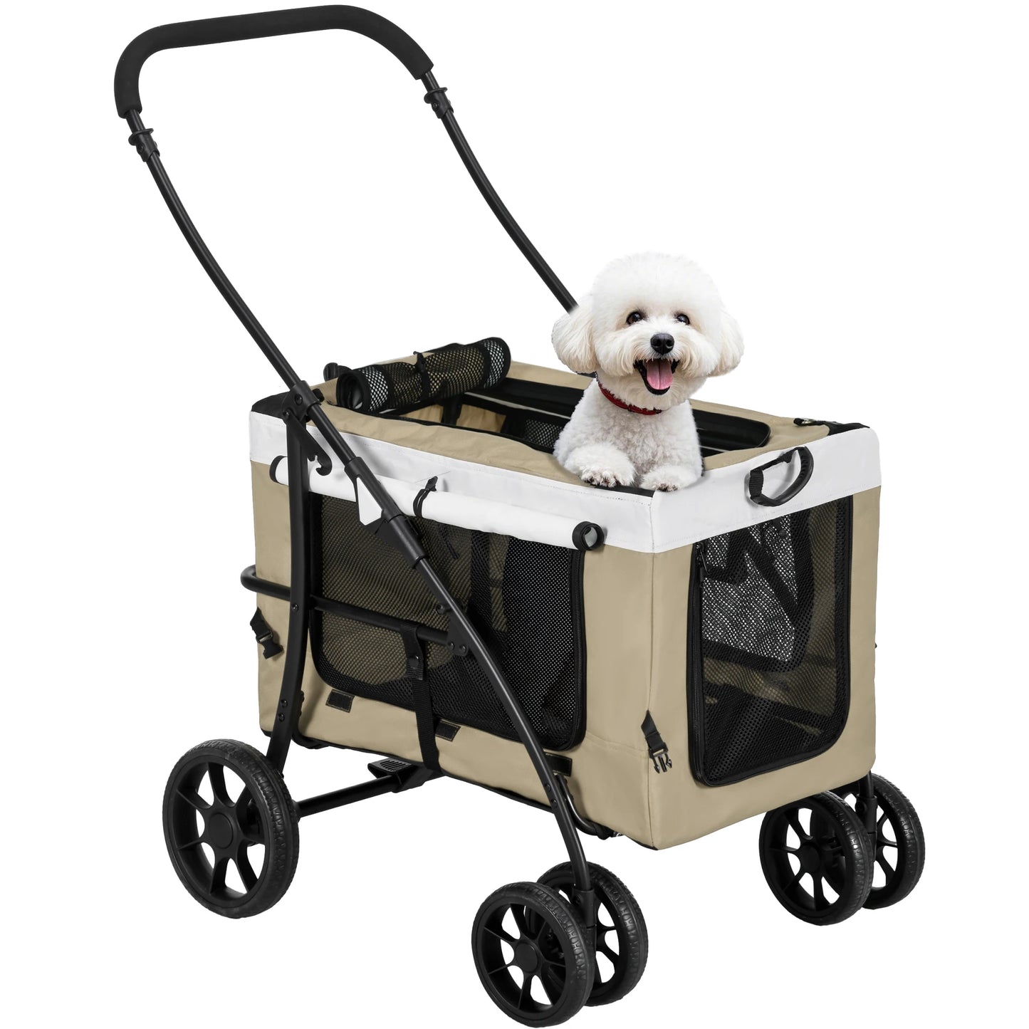 Pawhut Foldable Dog Stroller with Detachable Wagon 4 Doors with Zipper 2 Safety Straps and Cushion Khaki