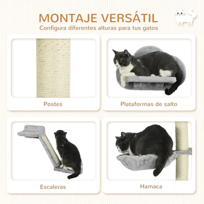 Pawhut 3-Piece Cat Climbing Wall Set with Hammock Ramp with Scratching Post Cloud-Shaped Platform Gray