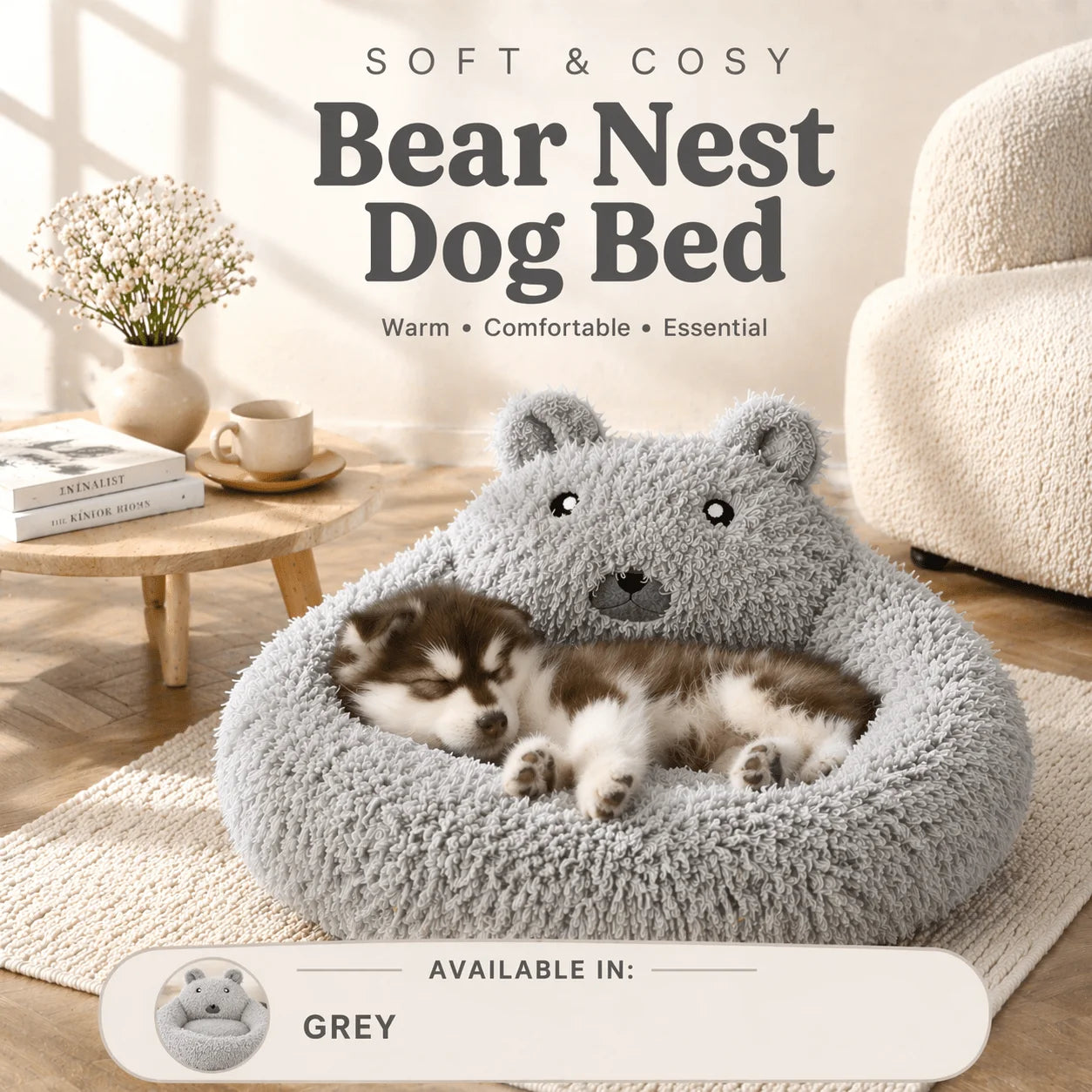 Luxury Bear Nest Pet Bed for Dogs & Cats, Super Soft Plush Calming Bed, Thick Cushion, Removable Washable Cover, Waterproof Inner Lining, Anti-Slip Bottom, Warm Cozy Sleep Bed for Small Medium Pets