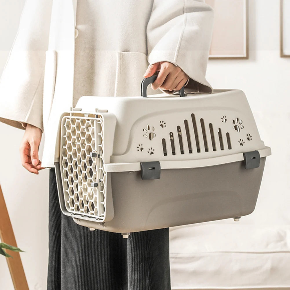 Pet Carrier Box Dog Transport Air Box Portable Cat Handheld Carrying Box with Breathable Window for Cats Dogs Beige 31x46x33cm