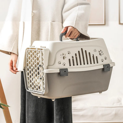 Pet Carrier Box Dog Transport Air Box Portable Cat Handheld Carrying Box with Breathable Window for Cats Dogs Beige 31x46x33cm