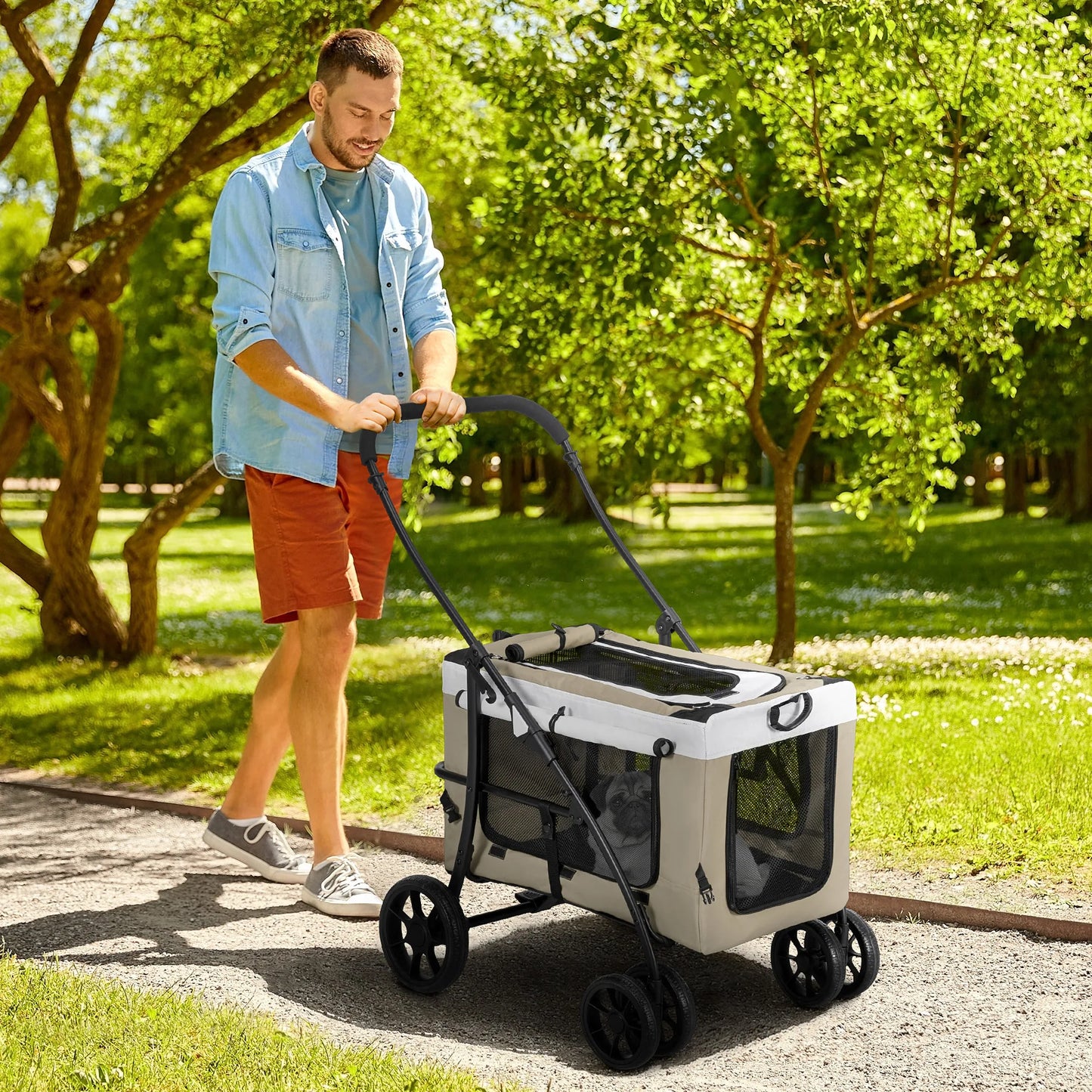 Pawhut Foldable Dog Stroller with Detachable Wagon 4 Doors with Zipper 2 Safety Straps and Cushion Khaki