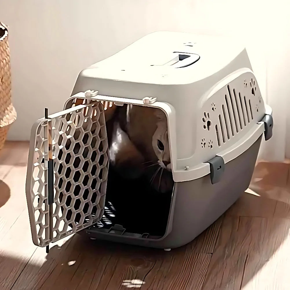 Pet Carrier Box Dog Transport Air Box Portable Cat Handheld Carrying Box with Breathable Window for Cats Dogs Beige 31x46x33cm