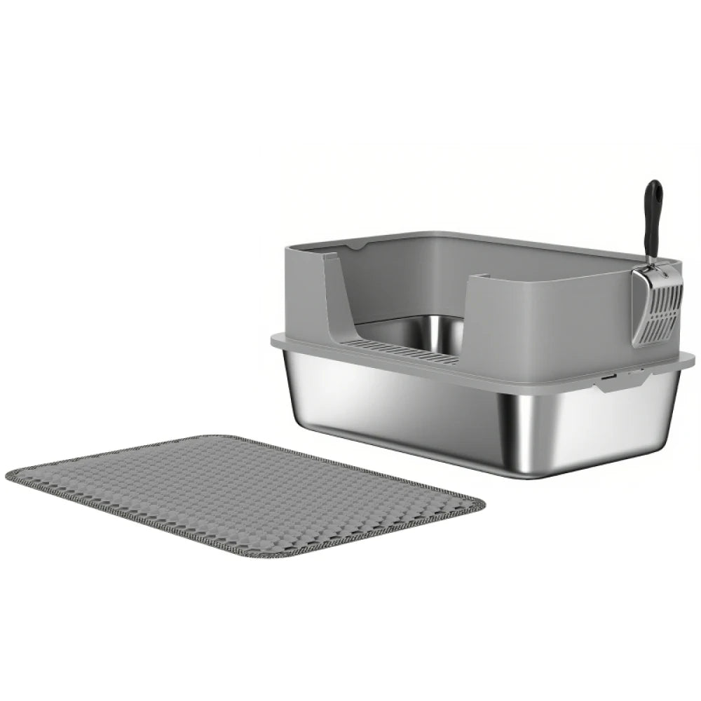 PINGGO High Sided Stainless Steel Litter Box, Metal Cat Litter Tray with Metal Scoop, Litter Mat, Never Absorbs Odors, Grey