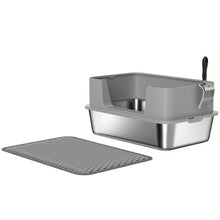PINGGO High Sided Stainless Steel Litter Box, Metal Cat Litter Tray with Metal Scoop, Litter Mat, Never Absorbs Odors, Grey