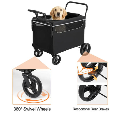 Heavy Duty Dog Pushchair Up To 50kg, Foldable Pet Stroller For Large Injured Senior Dogs, With 360° Wheels & Safety Lead