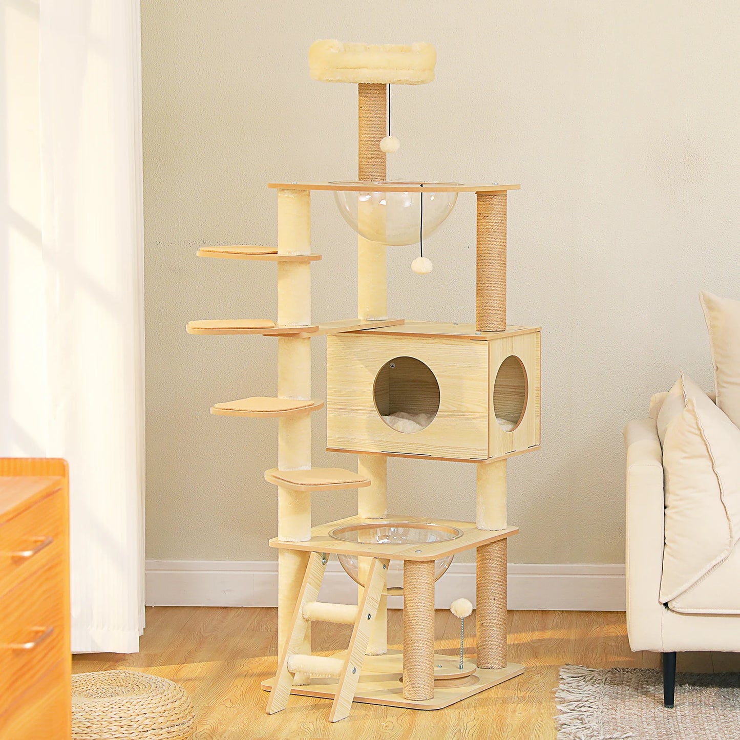 Wood Cat Tree with Spacious Condo Cozy Hammock Sisal Scratching Posts Multi-Level Tall Cat Tower for Indoor Large Cat Furniture