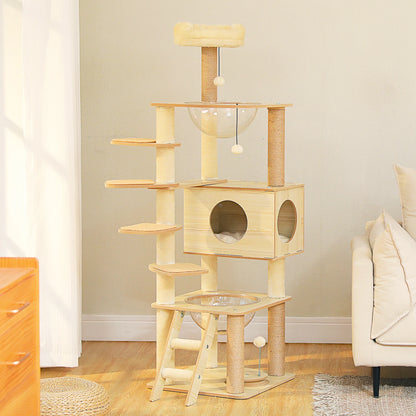 Wood Cat Tree with Spacious Condo Cozy Hammock Sisal Scratching Posts Multi-Level Tall Cat Tower for Indoor Large Cat Furniture