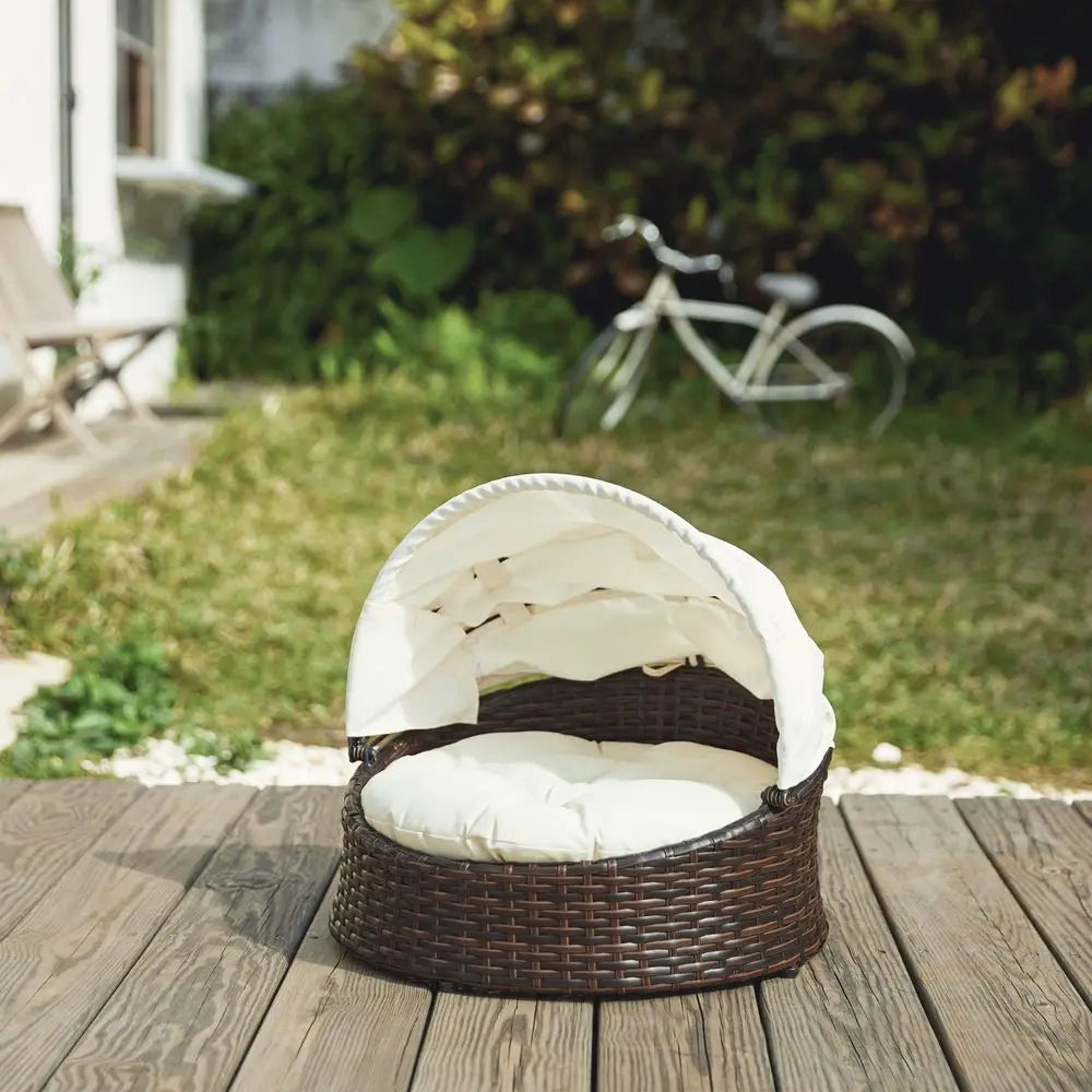 Pets Clotho Indoor Outdoor Rattan Cat or Small Dog Bed Lounger with Retractable Canopy amp Removeable Washable Cushion Brown Cr