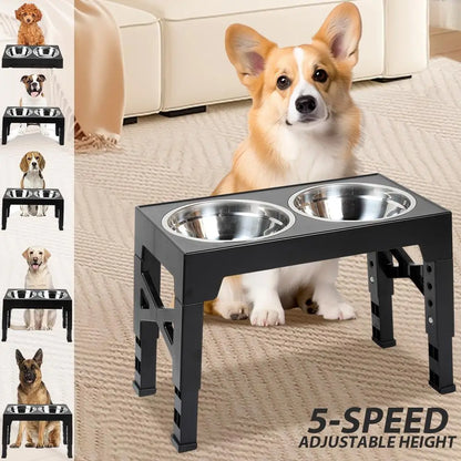 A Pet Feeding Station Featuring Two Stainless Steel Bowls, Designed with an Adjustable Height That Offers Five Different Levels