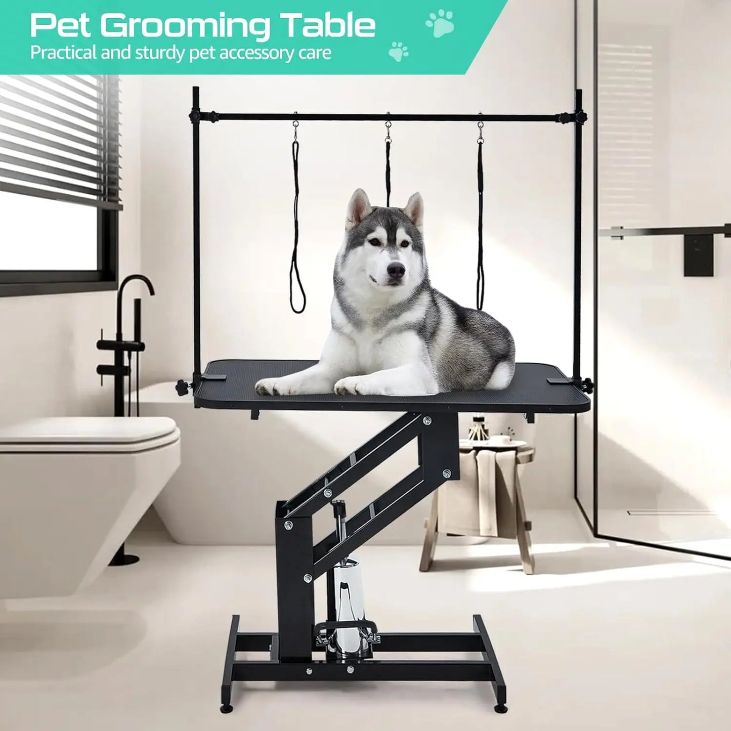 350Lbs Heavy Duty Hydraulic Dog Grooming Table Non Slip Adjustable Overhead Arm Step Pole For All Dogs Professional Pet Supplies