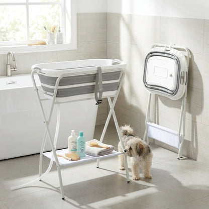 Foldable Small Pet Bathtub with Stand And Drainage Tube - Safety Belt Smooth Edge Storage Rack for Easy Cleaning And Use