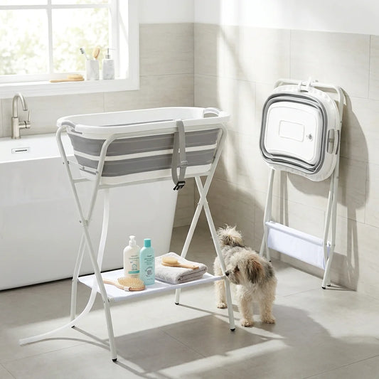 Foldable Small Pet Bathtub with Stand And Drainage Tube - Safety Belt Smooth Edge Storage Rack for Easy Cleaning And Use