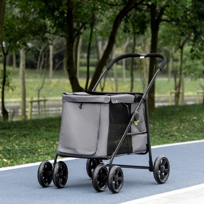 Foldable Pet Stroller One Click Dog Pushchair Cat Travel Carriage w/ EVA Wheels, Mesh Windows for Small Pets, Grey
