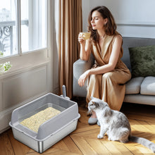 Stainless Steel Large Cat Litter Box Semi-Closed Cat Sandbox Potty with Scoop for Small/Medium Kittens,Odor-Proof,Easy Clean