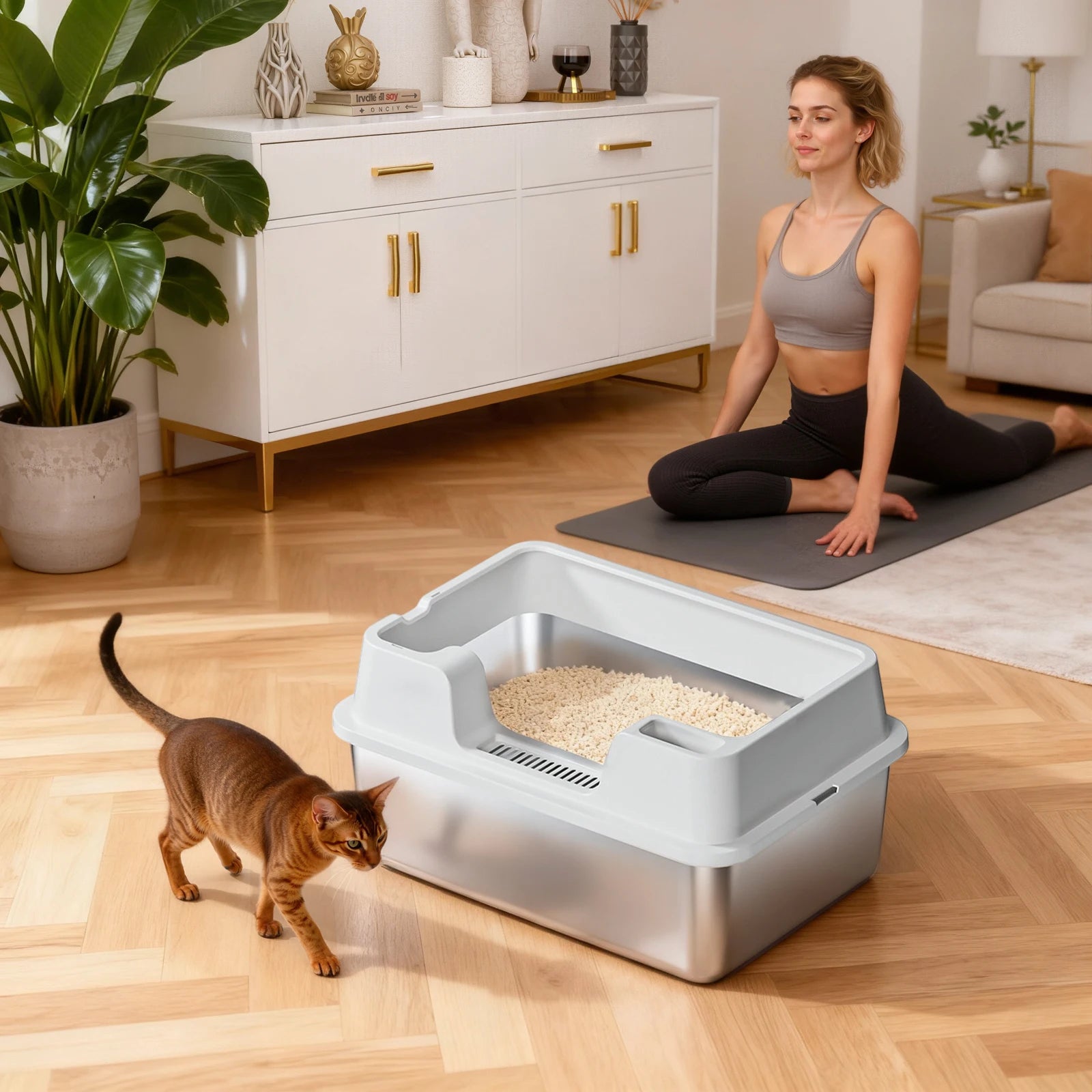Extra Large Enclosed Stainless Steel Cat Litter Box, Metal Litter Pan for Big Cats, High Wall Sides & Non-Stick Bottom, Anti-Lea