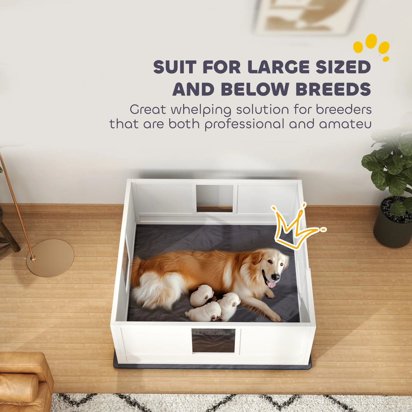 PawHut Dog Whelping Box with Whelping Pad, Adjustable Entrance, 124 x 120cm