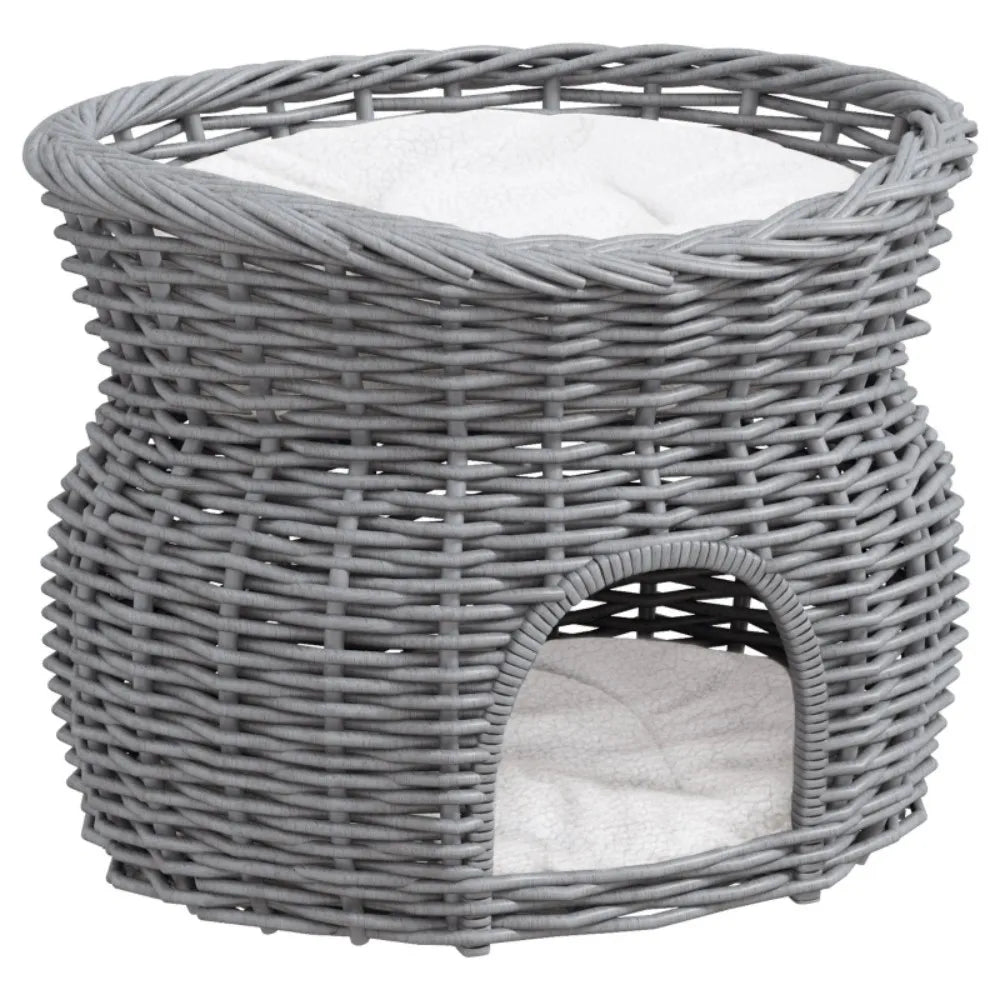 Wicker Cat House – 2-Tier Elevated Cat Bed with Washable Cushions, Pet Basket & Cat Den, 56 × 37 × 40 cm