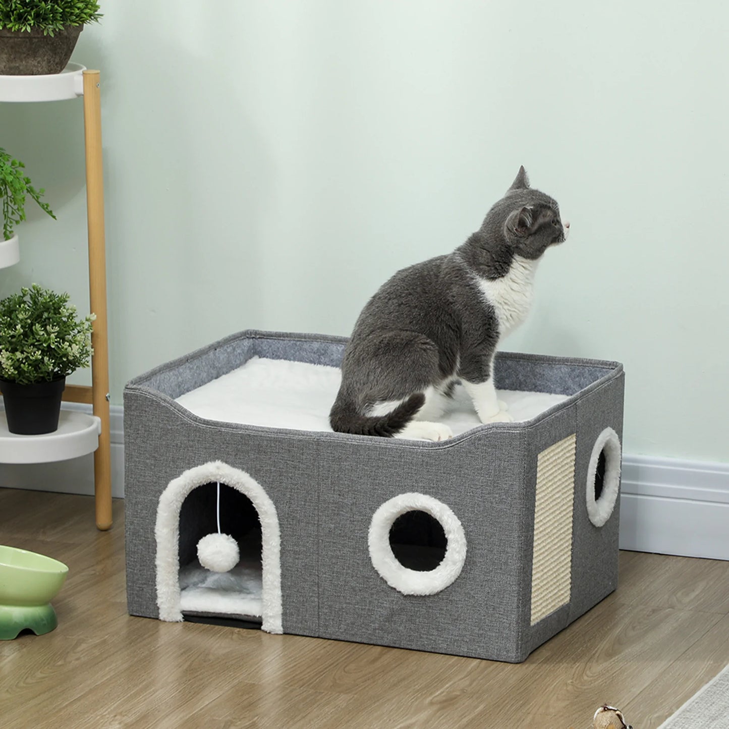 Pawhut Foldable Cat House with Scratching Post 3 Entrances Hanging Ball Reversible Cushion in Plush and Linen Type 60X40X34 cm Gray