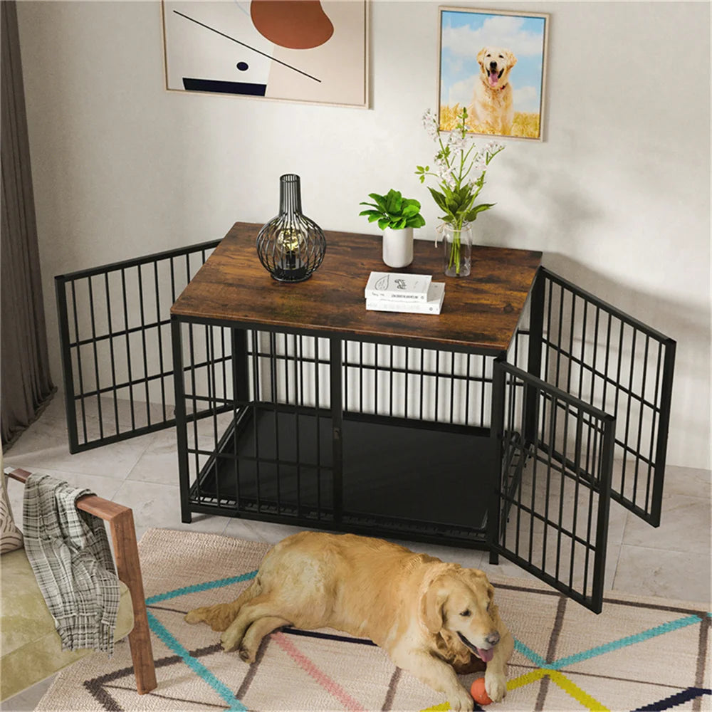 Large Wooden Dog Crate - Furniture Style Pet Kennel with 3 Doors
