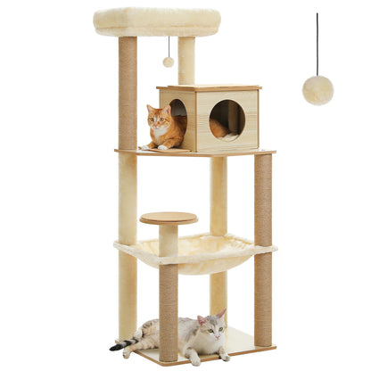 Wood Cat Tree with Spacious Condo Cozy Hammock Sisal Scratching Posts Multi-Level Tall Cat Tower for Indoor Large Cat Furniture