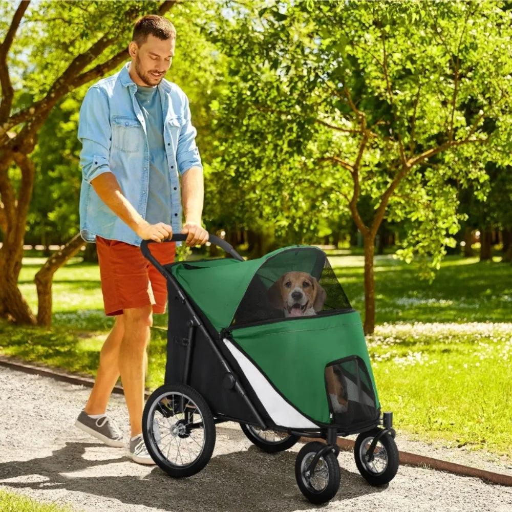 Foldable Pet Stroller with Washable Cushion, Storage Bags, Safety Leash for Medium and Large Dogs Cats Travel, Dark Green
