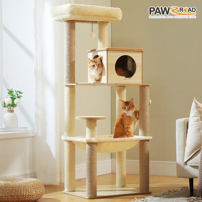 Wood Cat Tree with Spacious Condo Cozy Hammock Sisal Scratching Posts Multi-Level Tall Cat Tower for Indoor Large Cat Furniture