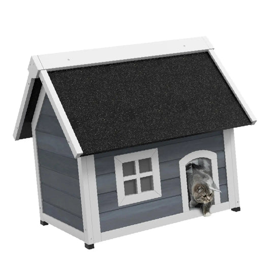 Grey Pet Beds Furniture Outdoor Wooden Cat House with Elevated Feet Openable Roof and Three Doors for Outside Cat Shelter