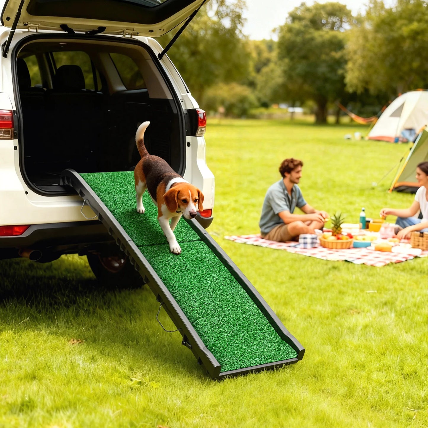 Pawhut Dog Ramp with Artificial Grass 155 cm Foldable Dog Ramp for Car with Handle Adjustable Angle Green