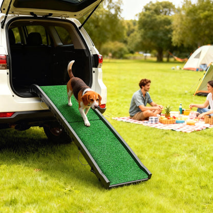 Pawhut Dog Ramp with Artificial Grass 155 cm Foldable Dog Ramp for Car with Handle Adjustable Angle Green