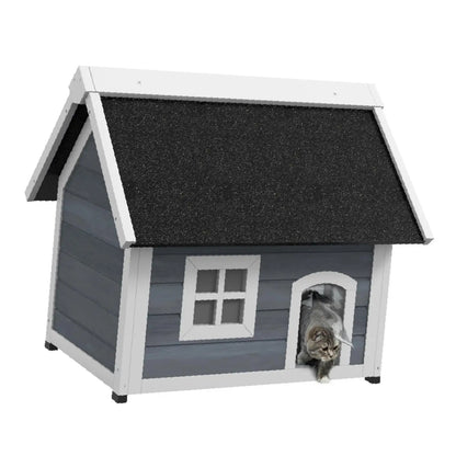 Grey Pet Beds Furniture Outdoor Wooden Cat House with Elevated Feet Openable Roof and Three Doors for Outside Cat Shelter