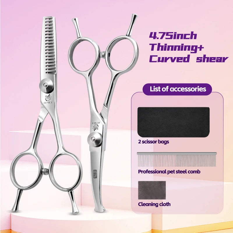 Fenice 4.75 Inch Safety Round Tip Pet Dog Cat Grooming Scissors Straight/Curved/Thinning Shears for Eyes/Face/Foot/Nose