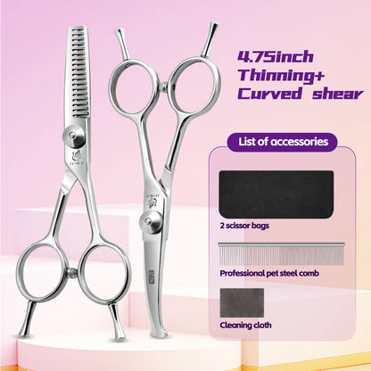 Fenice 4.75 Inch Safety Round Tip Pet Dog Cat Grooming Scissors Straight/Curved/Thinning Shears for Eyes/Face/Foot/Nose