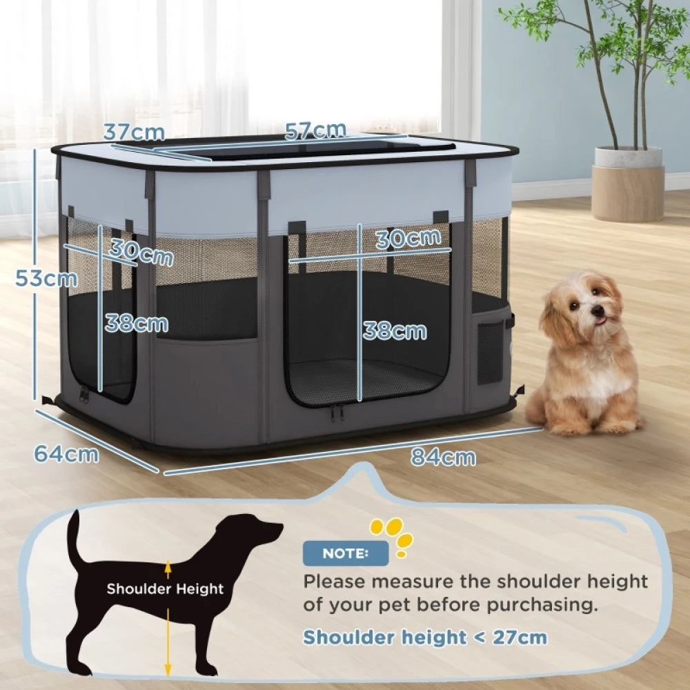 PINGGO Foldable Dog Pen with Storage Bag for Indoor/Outdoor Use, Portable Pet playpen, with Ground Stakes - Grey